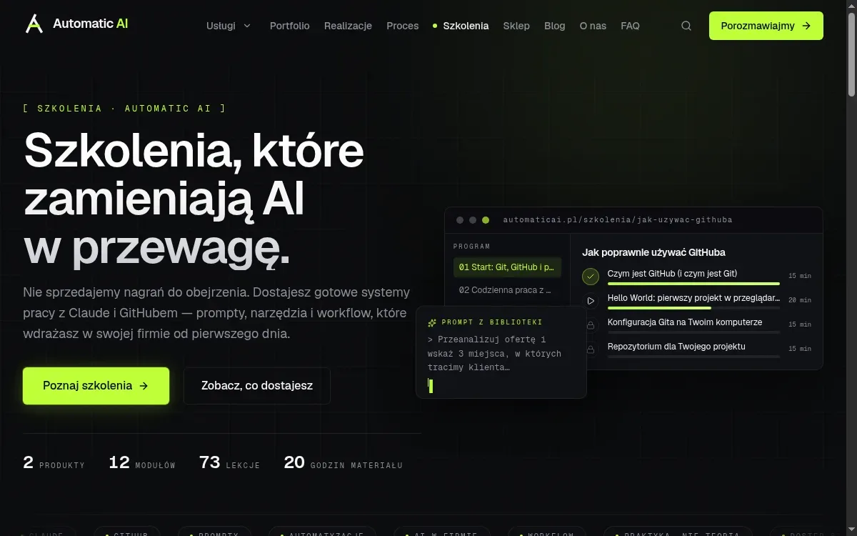 Zrzut ekranu projektu Platforma szkoleń Automatic AI — sklep z kursami