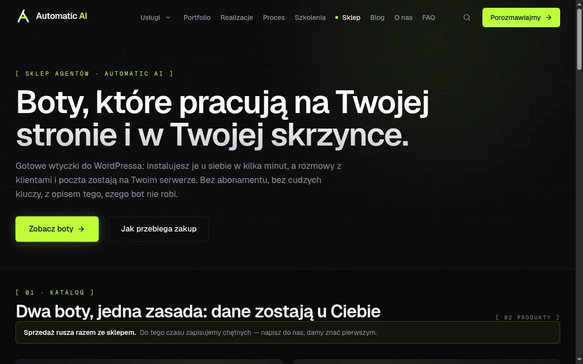 Zrzut ekranu projektu Sklep Agentów — sklep z botami AI na WordPressie