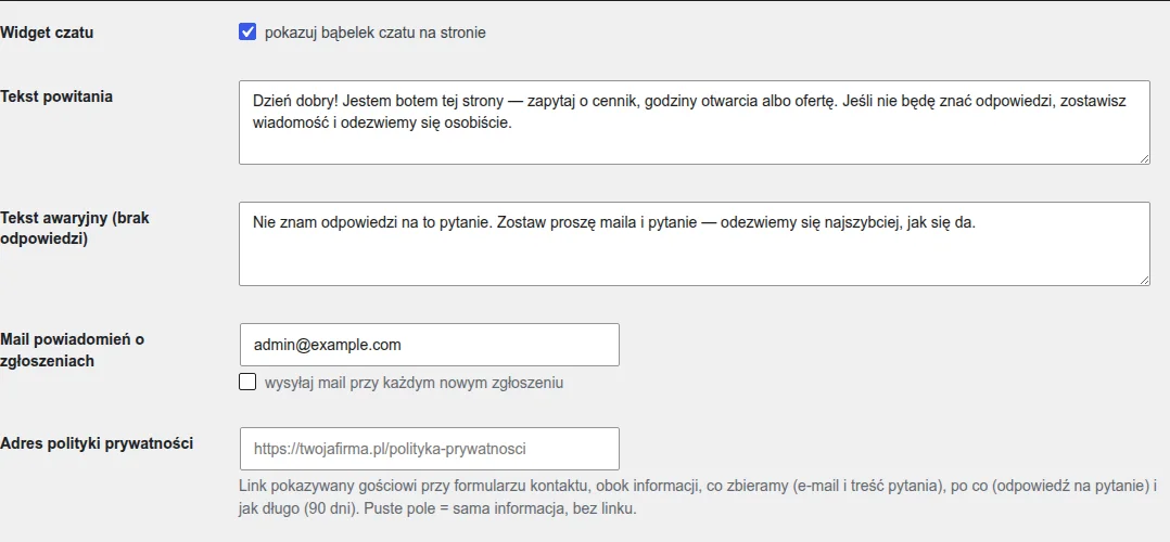 Panel ustawień ChatBota w wp-admin: włącznik, teksty powitania, tryb AI z limitem dziennym