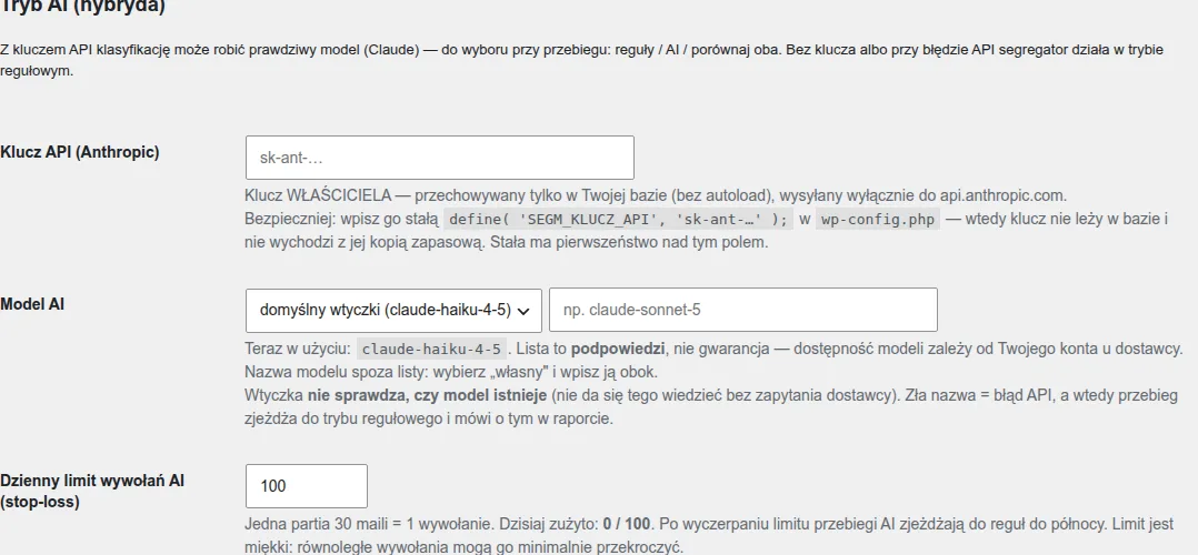 Ustawienia Segregatora: tryb AI (hybryda), klucz API, dzienny limit kosztów